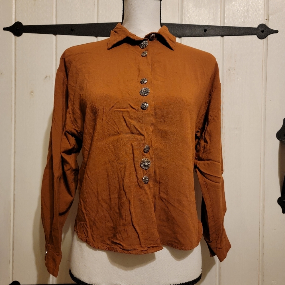 Mirrors Womens Blouse Vintage Button-Up Brown Size Medium